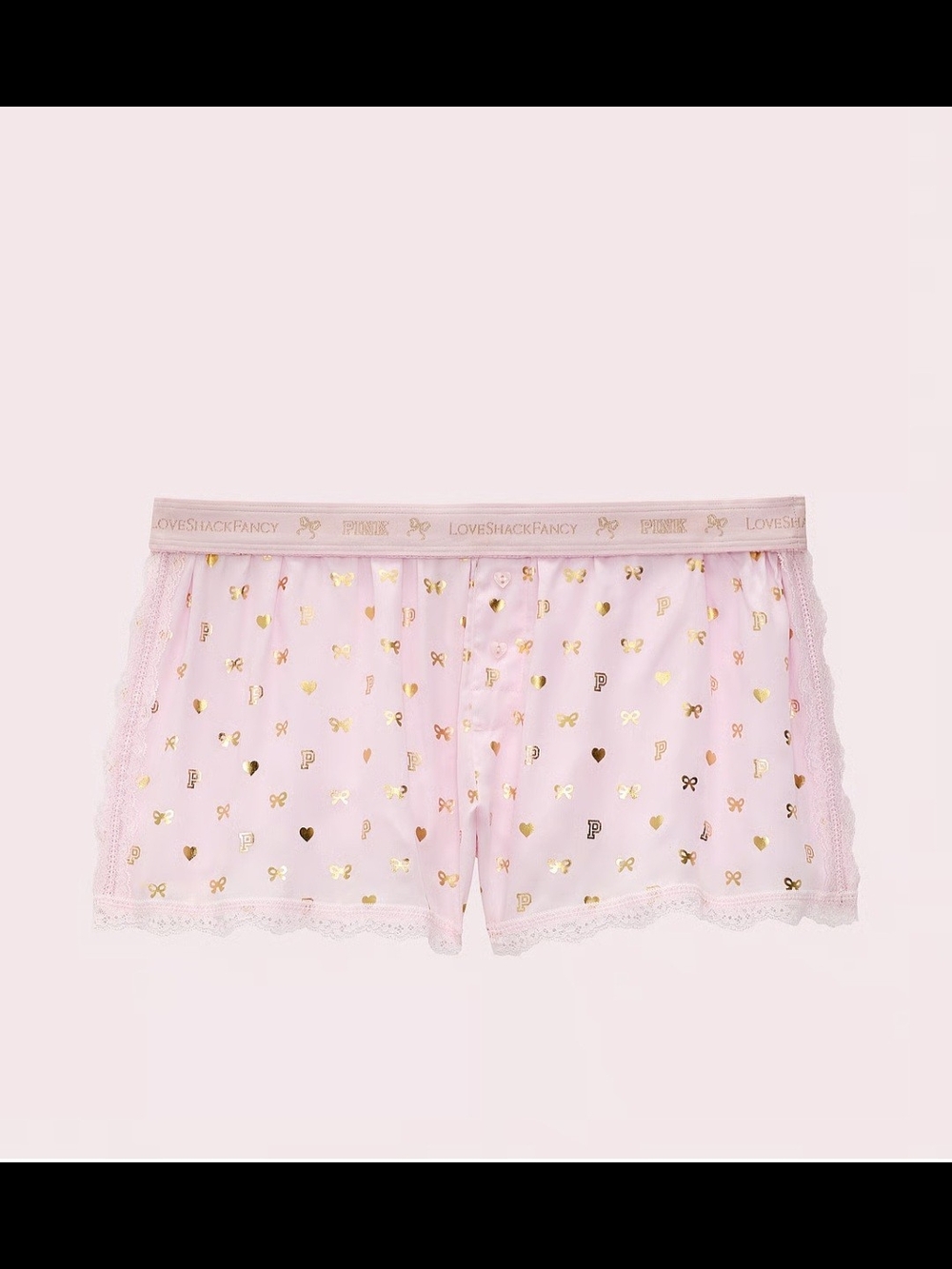 LoveShackFancy Pink Boxer Shorts with Gold Foil Motif
